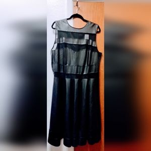 Ashley Stewart Black Faux Leather and Mesh Knee Length Dress